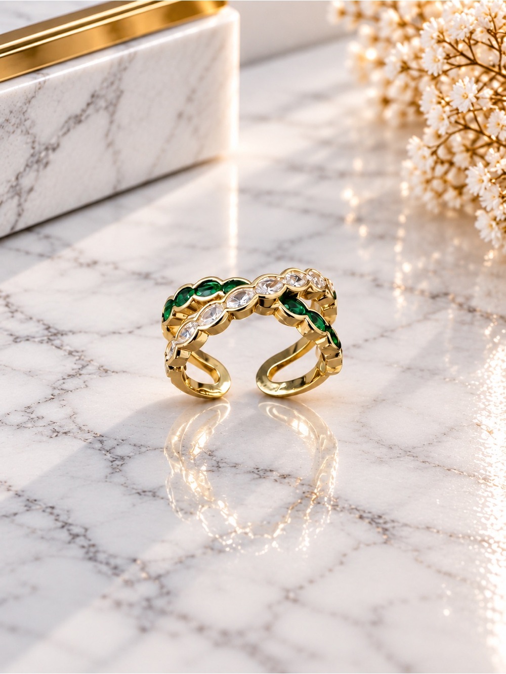 Gold Filled Adjustable Open Band Ring with Green and Clear Stones